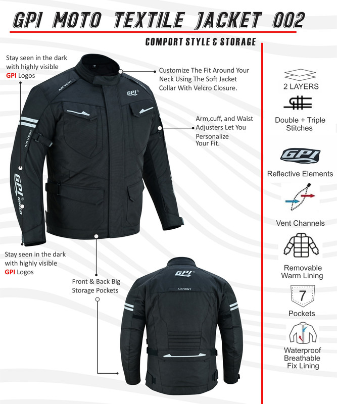 GPI Moto Men’s All-Season Waterproof Motorcycle Jacket – 7 Pockets, Removable CE Armor, 600D Cordura, Reflective, Ventilated