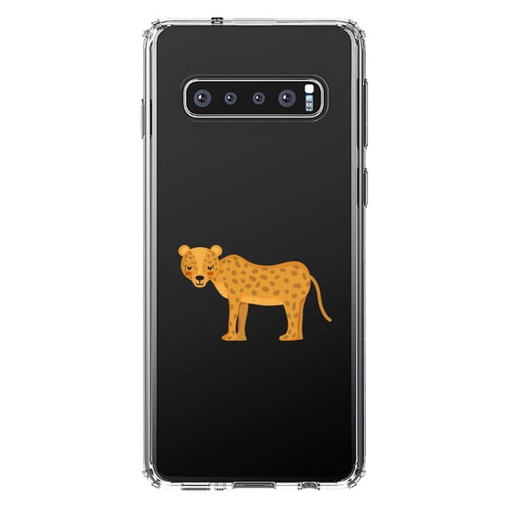 DistinctInk Clear Shockproof Hybrid Case for Samsung Galaxy S10 (6.1" Screen) - TPU Bumper Acrylic Back Tempered Glass Screen Protector - Cartoon Cheetah Leopard