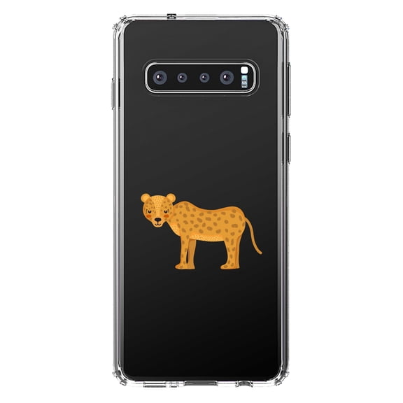 DistinctInk Clear Shockproof Hybrid Case for Samsung Galaxy S10  PLUS (6.4" Screen) - TPU Bumper Acrylic Back Tempered Glass Screen Protector - Cartoon Cheetah Leopard