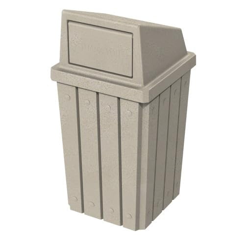 Sturdy Essentials 32 Gallon Square Slated 100% Recycled Plastic Heavy Duty Outdoor Trash Can with Push Top Lid - Beige Granite