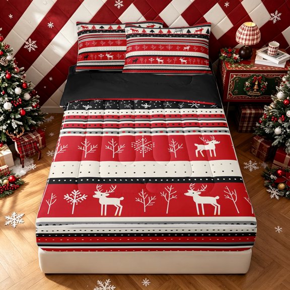 Erosebridal Christmas Tree Zipper Twin Comforter Sets with Fitted Sheet and 2 Pillowcases, Vintage Abstract Zipper Bedding Set, Red White, Black Reversible, 4 Pieces