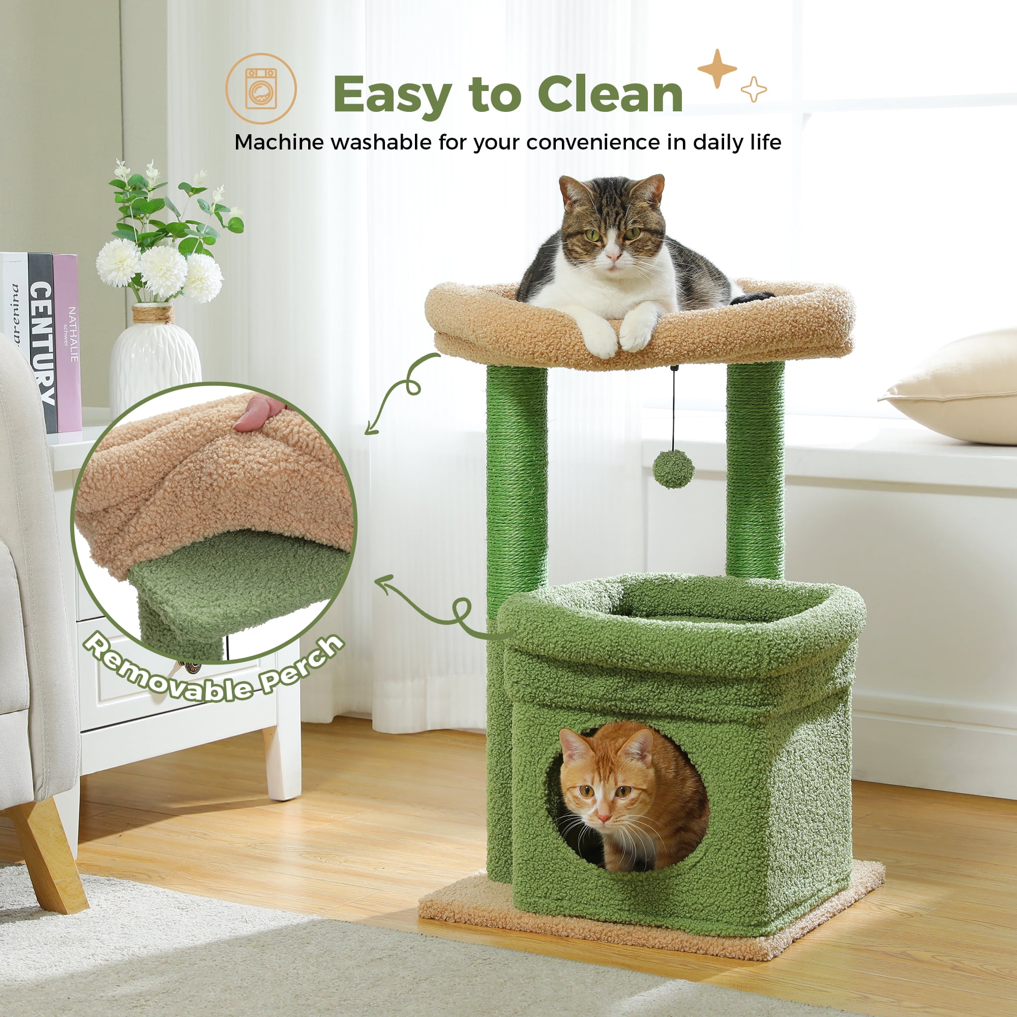 Pefilos 27" Cat Tree Tower for Indoor Cats with Scratching Posts, Climbing Cute Cat Condo, Cat Tree House, Green