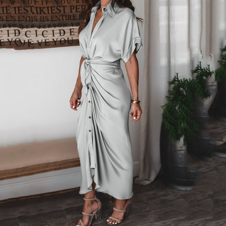 Entyinea Summer Dresses for Women Casual V Neck Short Sleeve Pleated Silk  Dress with Belt Grey S 