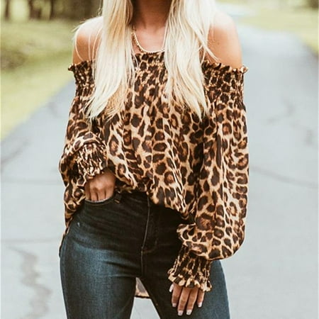 Exotic Leopard Print - The Noble Collection Women Off Shoulder Ladies Leopard Print Long Sleeve Loose T Shirt Tops Blouse