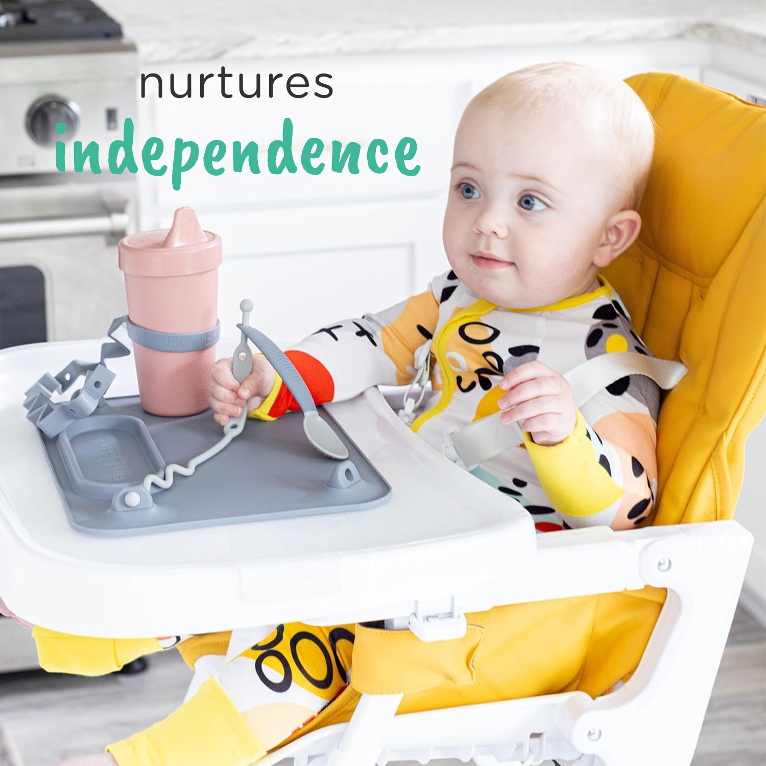 Busy Baby Food-Grade Silicone, BPA-Free Toy Bungee Strap, Pewter