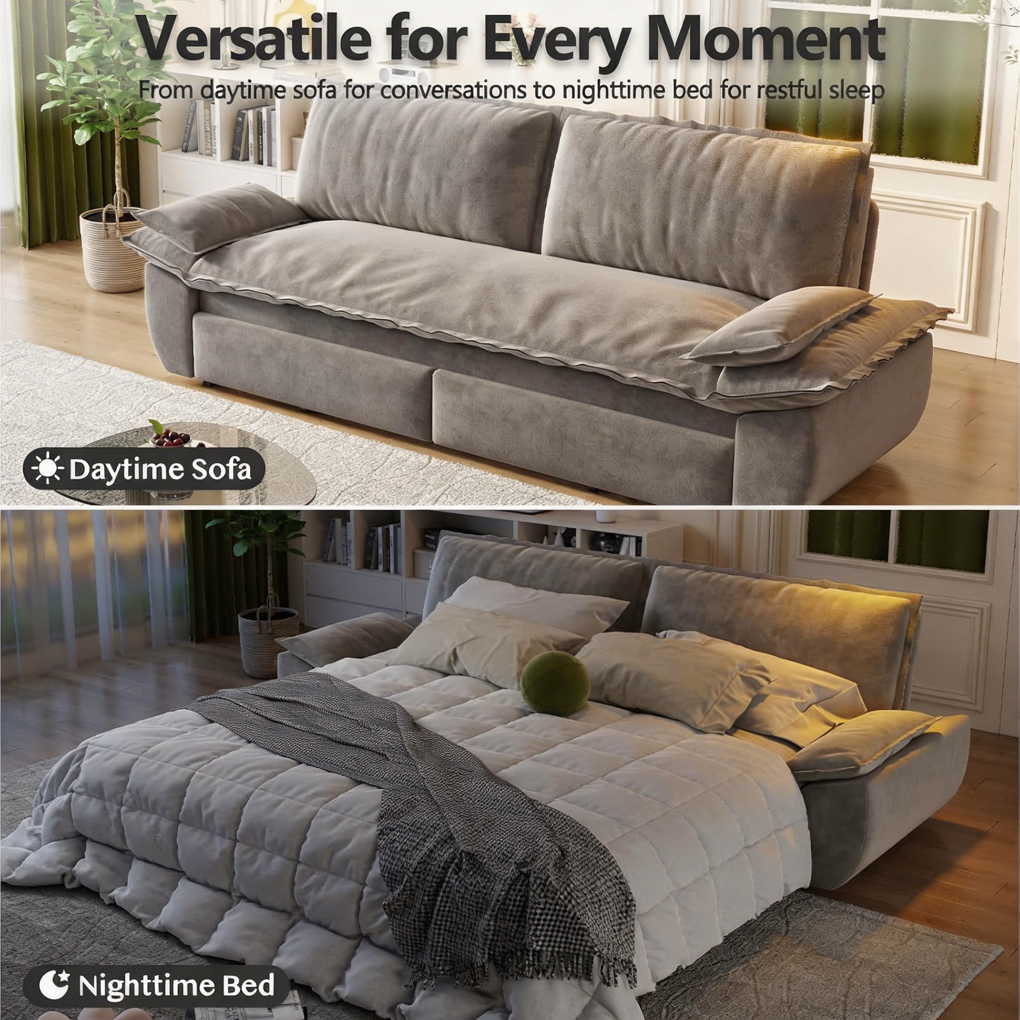 Multi-Functional Velvet 3-in-1 Convertible Sofa Bed, Queen Size Sleeper Loveseat with 2 Pillows, Light Gray