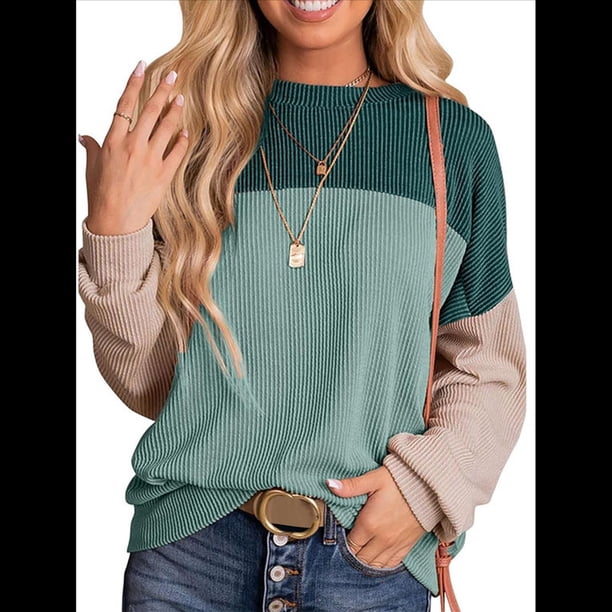 Camisetas Holgadas Informales de Punto con Cuello Redondo y Larga con Bloques de Color A para Mujer Verde M