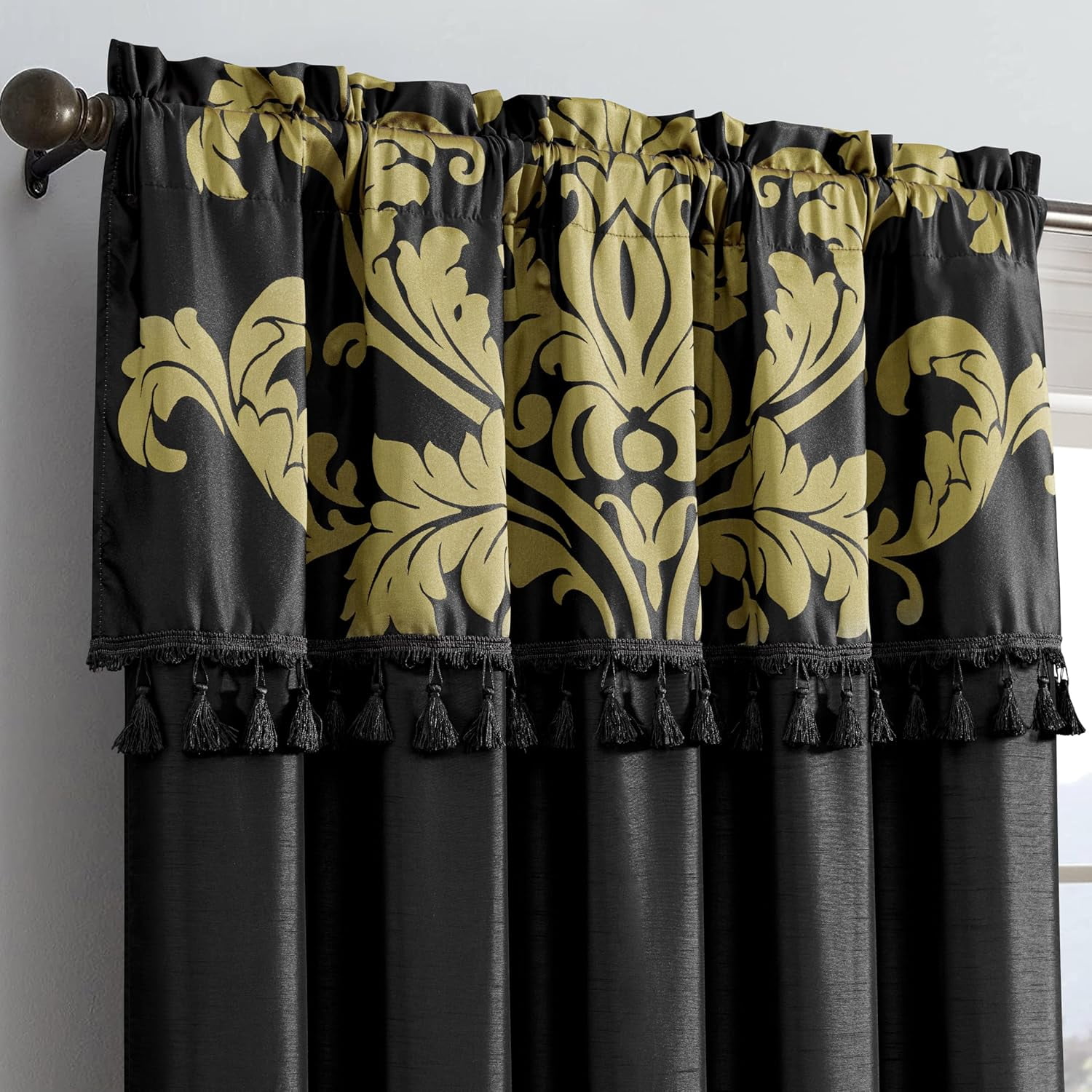 Chezmoi Collection Royal 4-Piece Jacquard Floral Window Curtain Set, Black/Gold