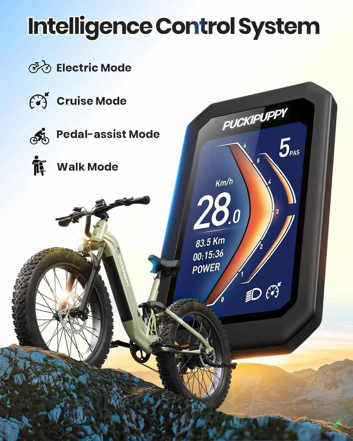 PUCKIPUPPY 26" Fat Tire Electric Bikes for Adults 28mph Top Speed 960W Peak 80Miles Max Range Full Suspension Step Through Ebike 48V 20AH Battery 7 Speed E-Mountain Bike, Comply with UL2849 By SGS
