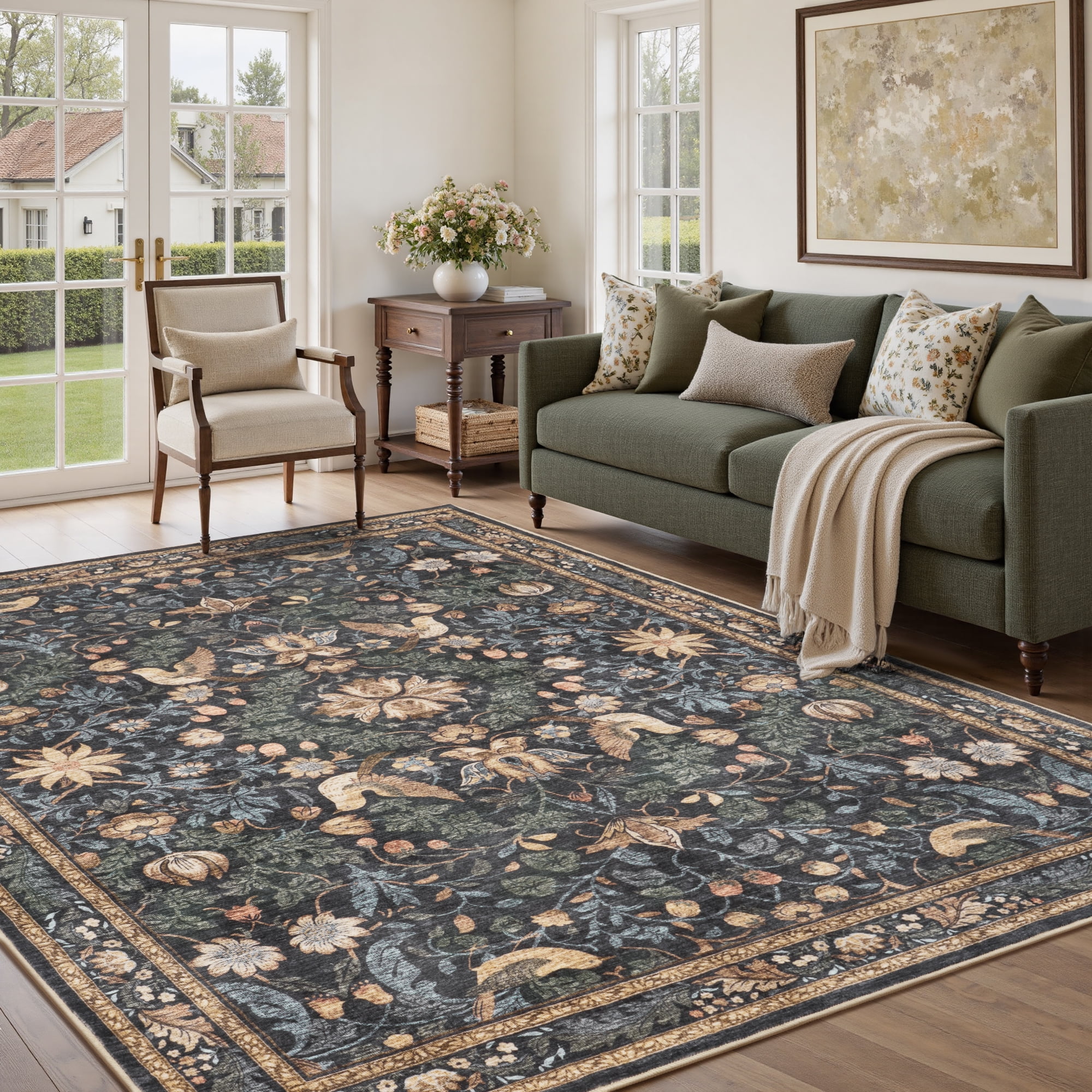 SIXHOME 9'x12' Rugs for Living Room Botanical Washable Rugs Boho Floral Birds Carpet Ultra Soft Nature Plants Modern Indoor Rugs for Bedroom Dining Room Office Vintage Home Decor Dark Green