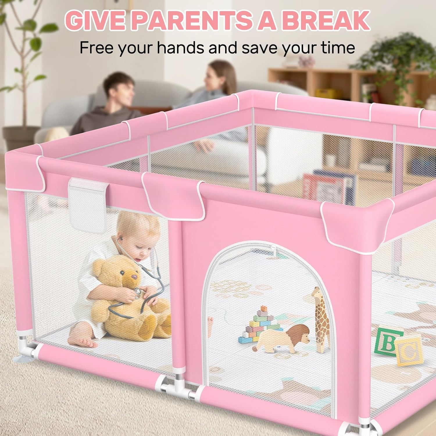 kmaier Baby Playpen, Large Indoor and Outdoor Play Yards, 360° Visibility , for Toddler-Pink