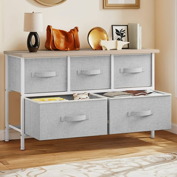 DEXTRUS 5 Drawer Fabric Storage Dresser with Sturdy Steel Frame, Wooden Top & Easy Pull for Bedroom, Living Room for Adult