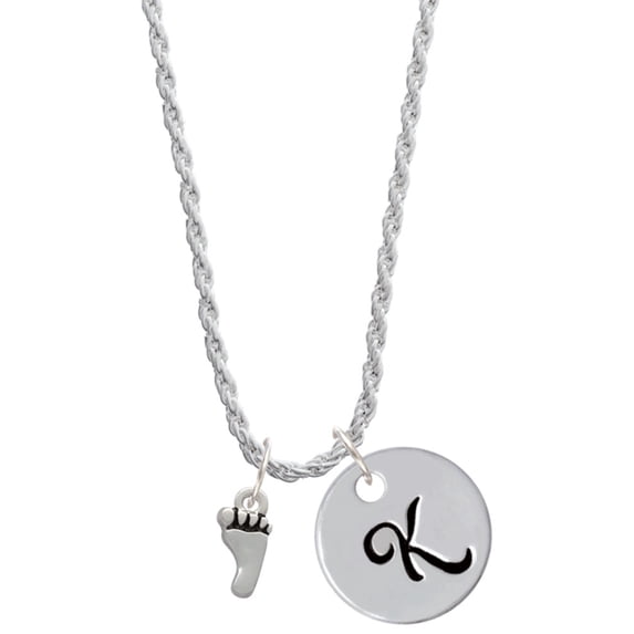 Delight Jewelry Silvertone Small Bare Feet Silvertone Script Initial Disc - K - Charm Necklace, 20"+3"