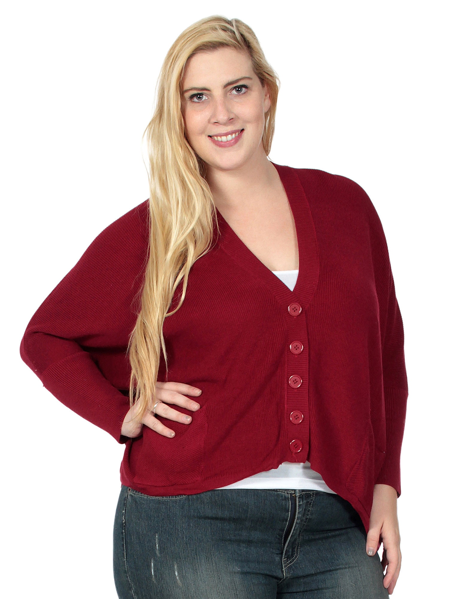 Women's Plus Size VNeck Knitted Sweaters Red Cardigan with Pockets