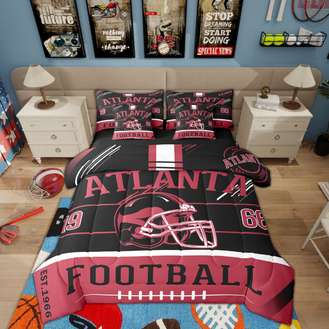Erosebridal Literie de Sport pour Garçons Format Simple pour Enfants et Ados, Ensemble de Housse de Couette Football Américain, Noir Rouge, Atlanta, Réversible 7 Pcs