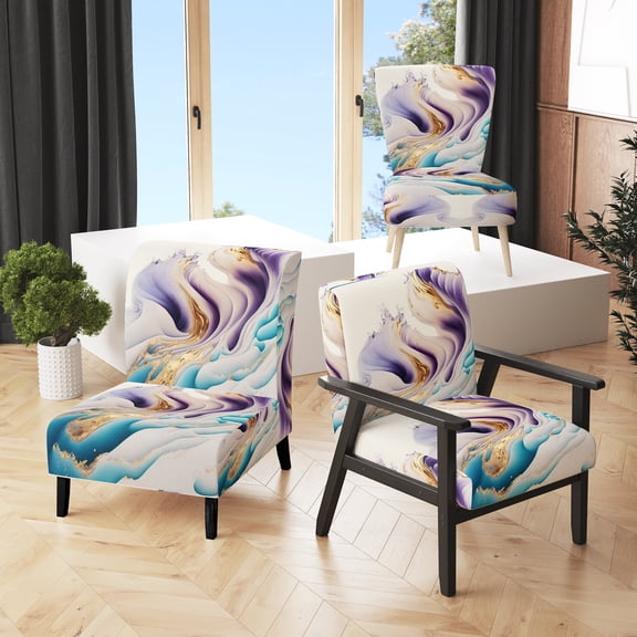 Designart "Blue, Gold And Purple Abstract Waves IV" Upholstered Modern & Contemporary Accent Chair and Modern & Contemporary Arm Chair - Multiple Color & Pattern