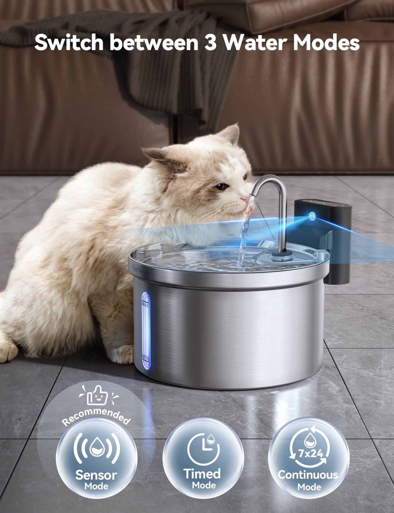 FeelNeedy Cat Water Fountain Stainless Steel, 118oz/3.5L Wireless Pet Fountain, Battery Operated Cat Fountain, Automatic Water Dispenser with 3 Filters for Cats and Dogs