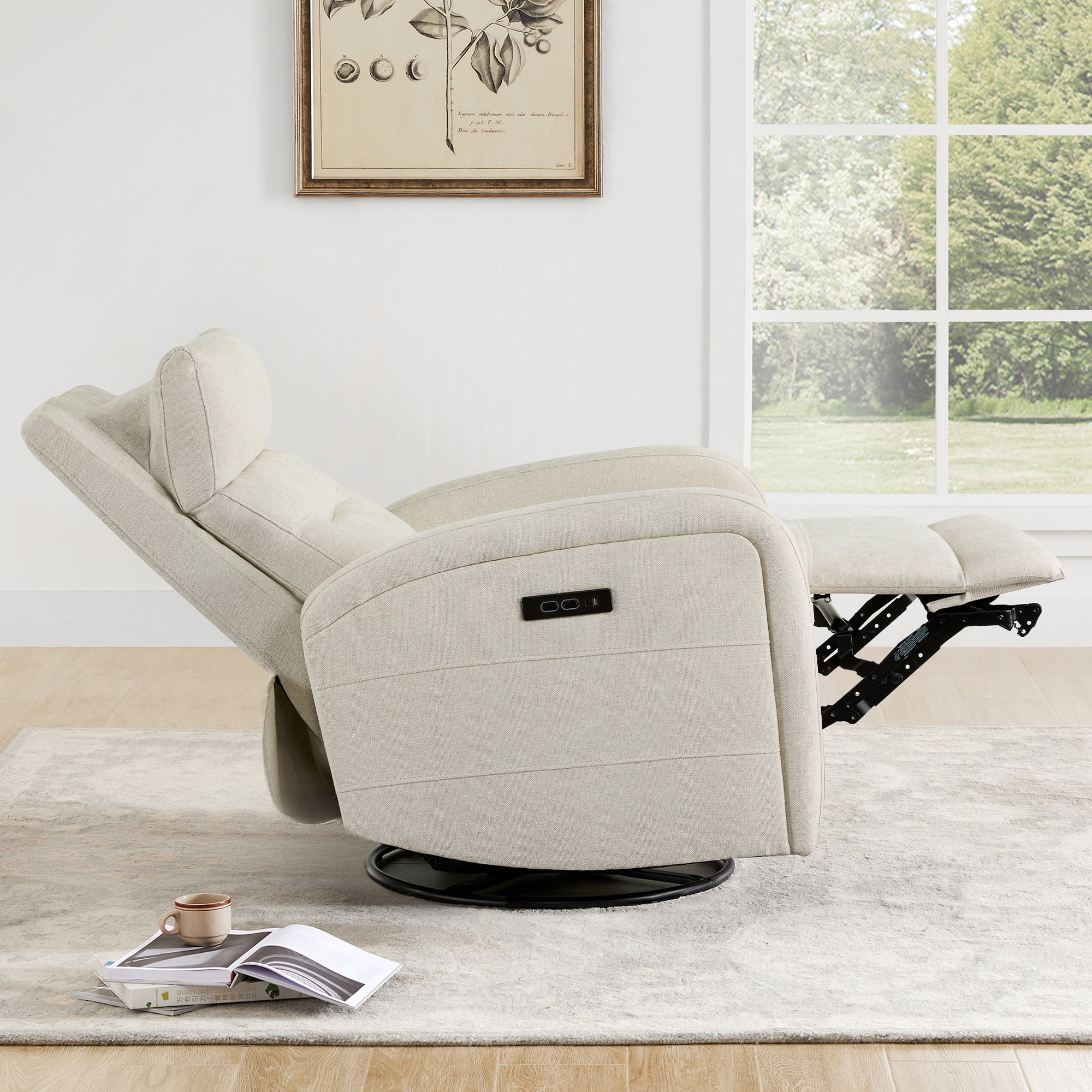 Spruce & SpringPower Swivel Glider Recliner with USB Charging for Home Theater, Linen-Power Headrest