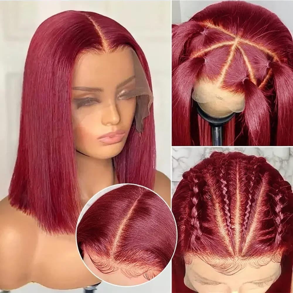 99J Straight Short Bob Wigs Human Hair Pre Plucked T Part Lace Frontal Wig