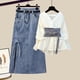 thumbnail image 1 of Conjunto de dos piezas de gran tamaño para mujer, Blusa de manga larga y Falda vaquera de cintura alta, Verano, 1 of 4
