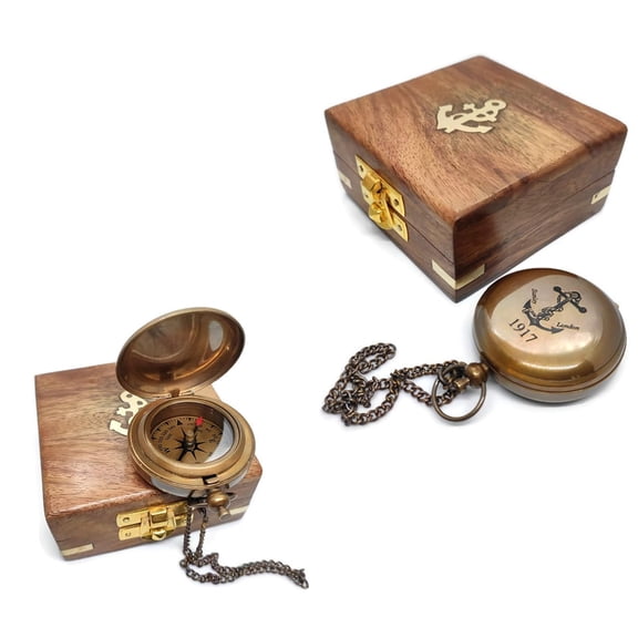 Vintage Brass Pocket Compass with Chain and Wooden Box Halloween Nautical Collectible for Travel, Camping & Gifts
