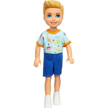 Barbie Chelsea Doll, Small Boy Doll Wearing Removable One-Piece with Dino Print, Blond Hair & Blue Eyes