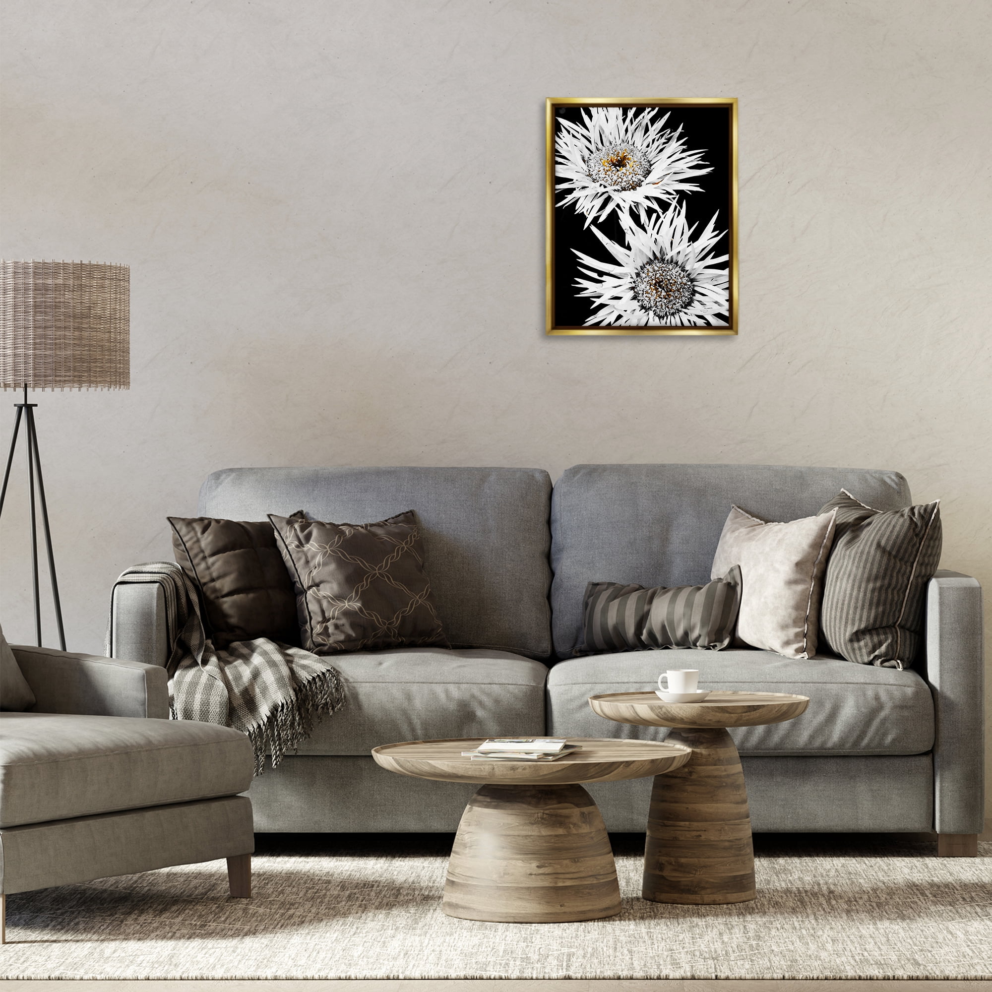 Stupell Industries Bold Contrast Flower Buds Plants & Flowers Painting Gold Floater Framed Canvas Art Print Wall Art, 17 x 21
