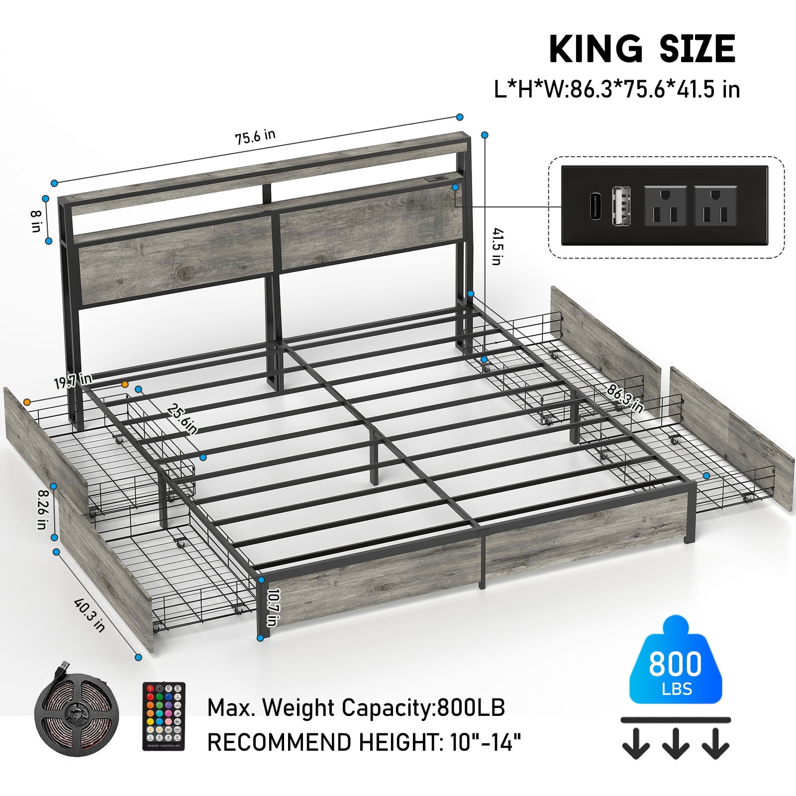 DRNANLIT King Size Bed with Storage Headboard, 4 Drawers, LED Lights, Charging Station, Metal Platform, No Box Spring Needed, Grey