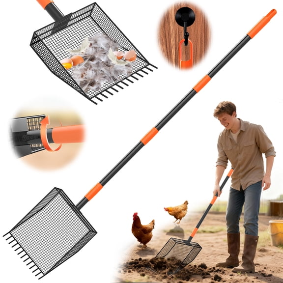 HAARAY Chicken Poop Scooper & Rake 2-in-1, Metal Chicken Coop Scoop for Sand with 33 to 61" Adjustable Handle and Large Shovel Head, Heavy Duty Litter Scooper Sifting Shovel, Chicken Coop Accessories