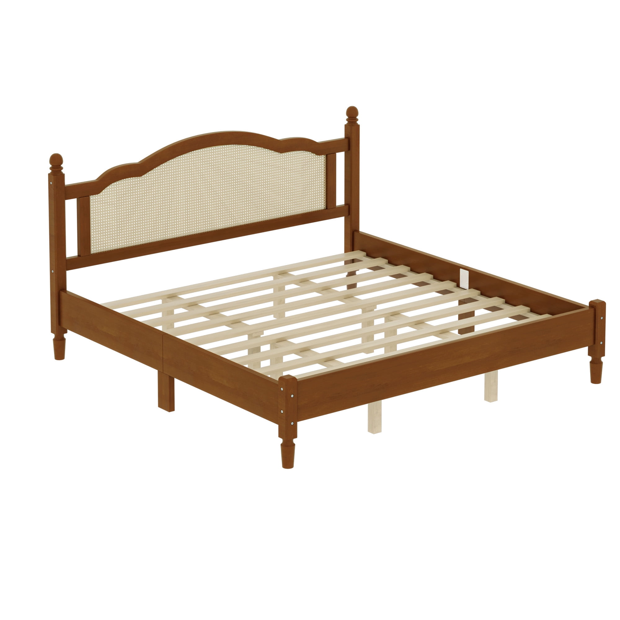Euroco Wood King Size Platform Bed with Rattan Headboard, Vintage Bed Frame, Walnut