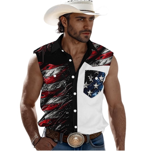 Mens Patriotic Summer Shirts Button Down July 4th Stars Strips Sleeveless Shirt Tops Hawaiian Western Cowboy Outfits Wine, 2XL