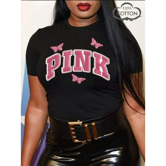 LovelyWholesale Women's Plus Size Pink Letter Butterfly Print T-shirt