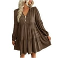 thumbnail image 2 of Holloyiver Women's Notched Neck Button Dresses Solid Color Lantern Long Ruffle Sleeve Loose Short Flowy Pleated Mini Babydoll Dress women's fall clothing for women S-XL, 2 of 7