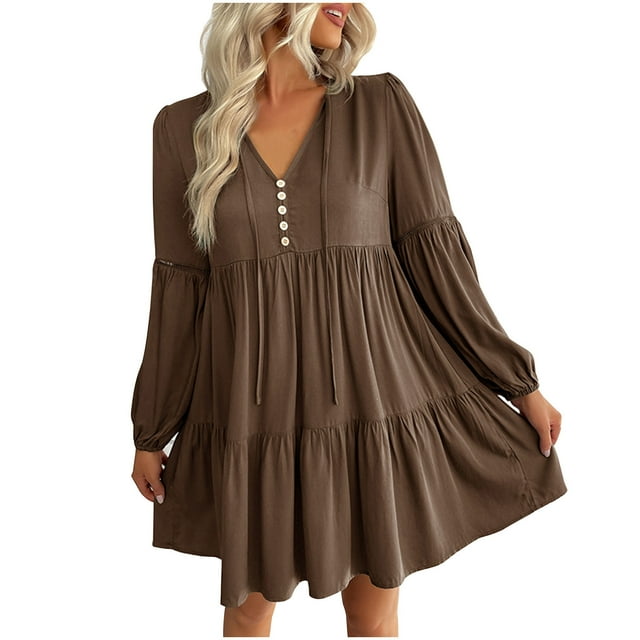 Yuyuzo Women Dresses Long Sleeve Drawstring Button V Neck Tiered Ruffle Flowy Boho Short Dress Solid Color