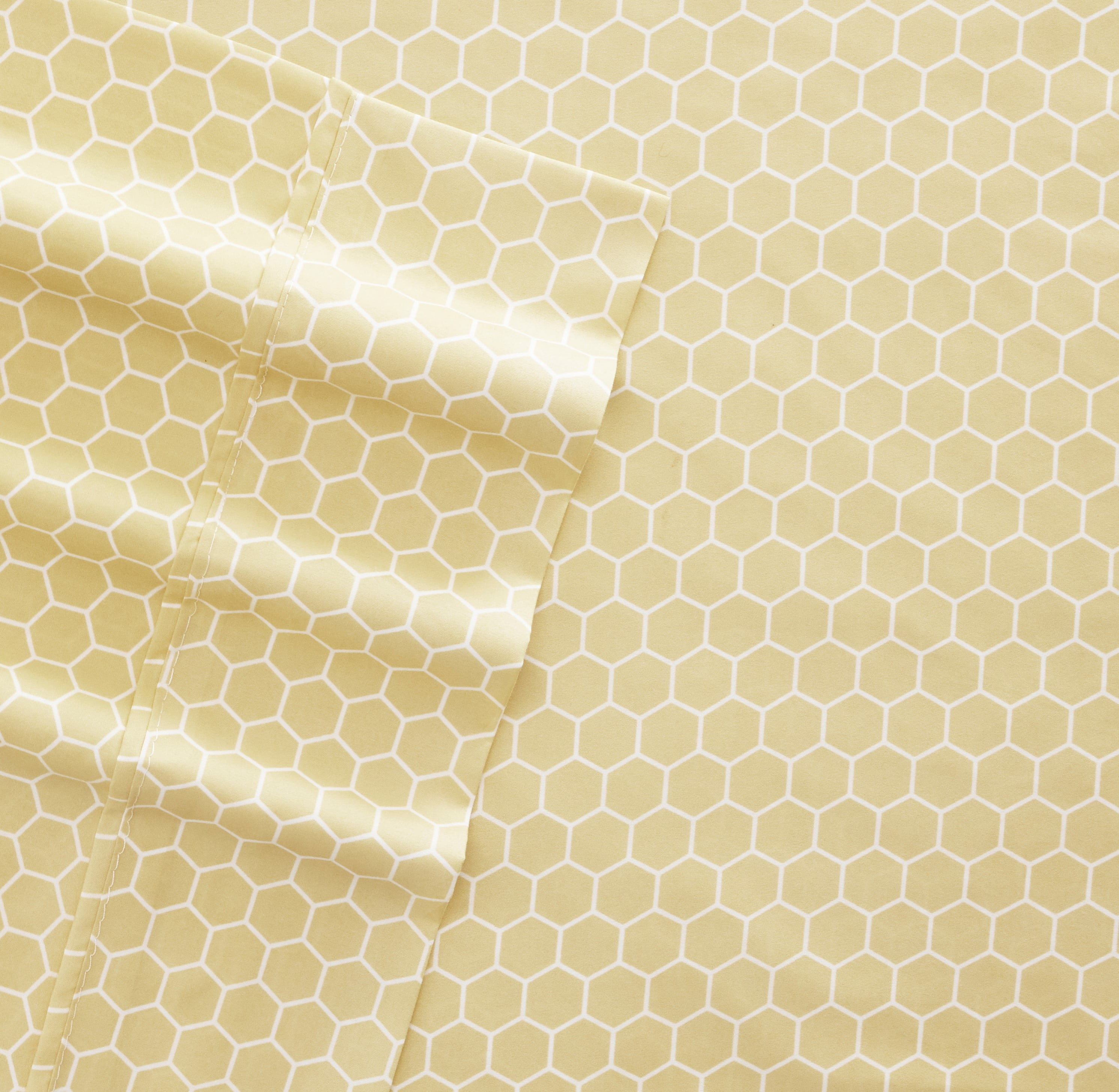 Noble Linens 4 Piece Pattern Microfiber Bed Sheets Set, Yellow Honeycomb, California King