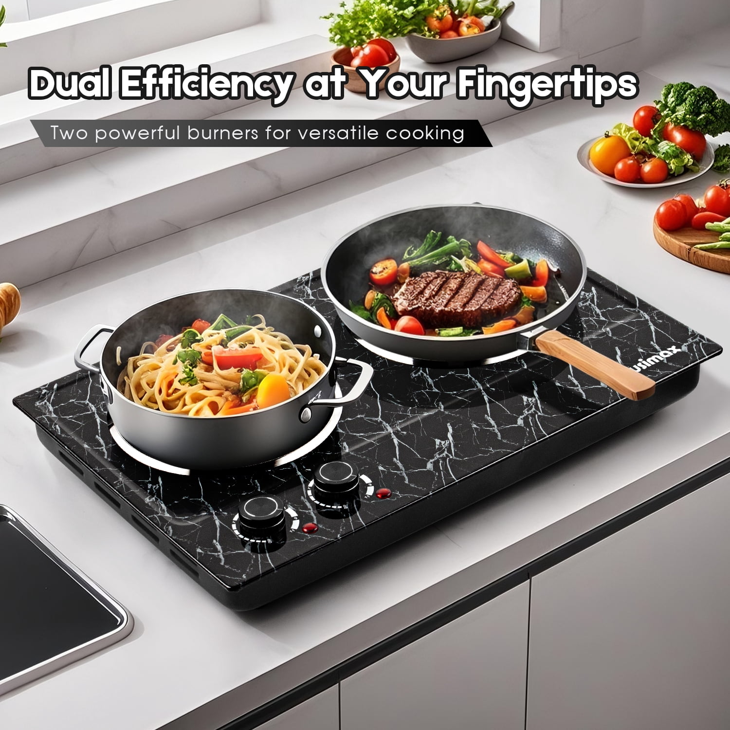 CUSIMAX 1800W Portable Ceramic Double Hot Plate – Dual Infrared Cooktop with Independent Controls, Stainless Steel & Glass Electric Burner for Countertop Cooking