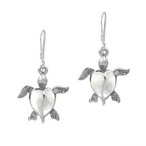 Love Life Sea Turtle Heart White Mother of Pearl Sterling Silver Dangle Earrings