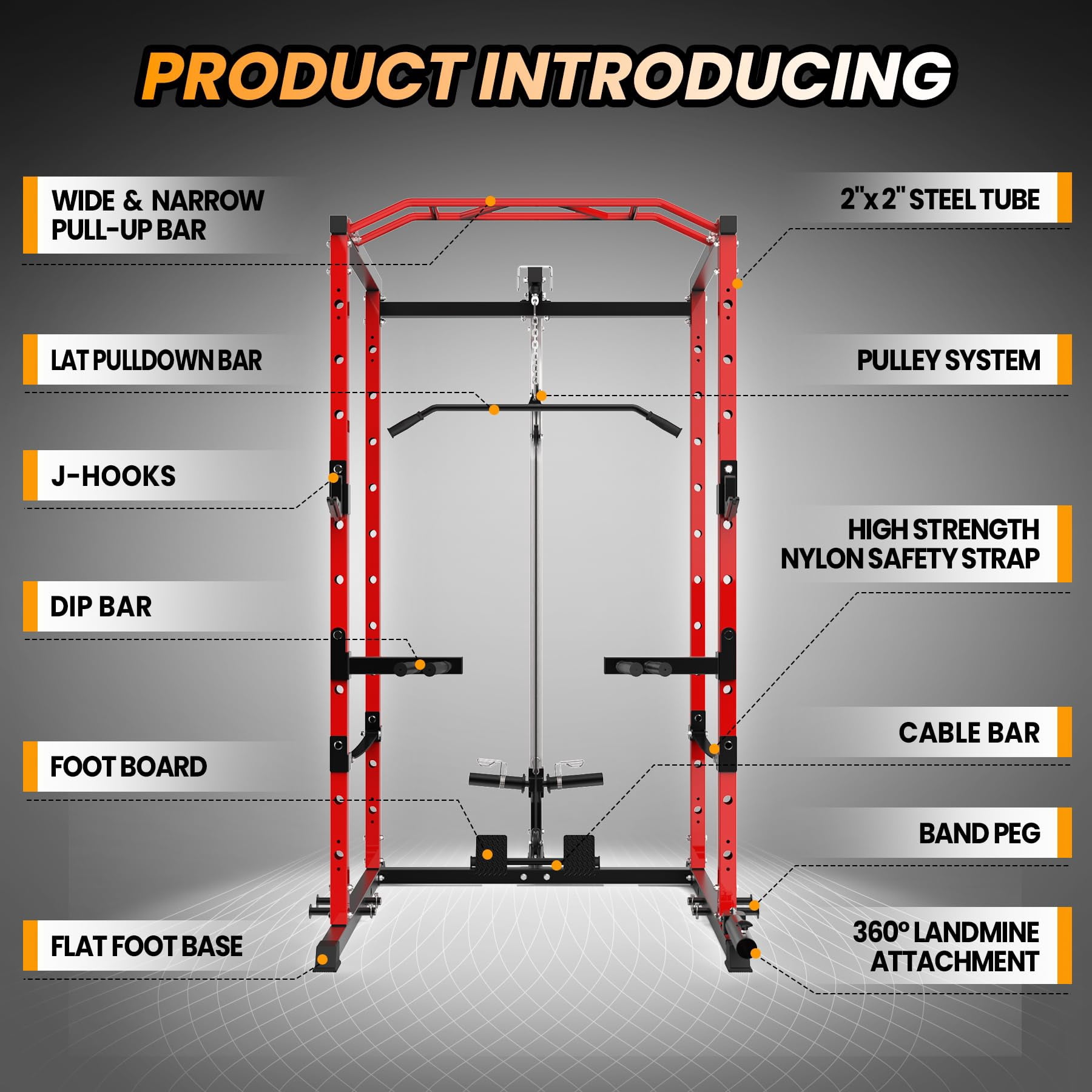 TROPOW Power Cage with LAT Pulldown, Multi-Functional Power Rack with Cable Pulley System and J-Hooks, Squat Rack with Dip Bars and Landmine Attachment, Weight Cage for Home Gym Equipment,Red