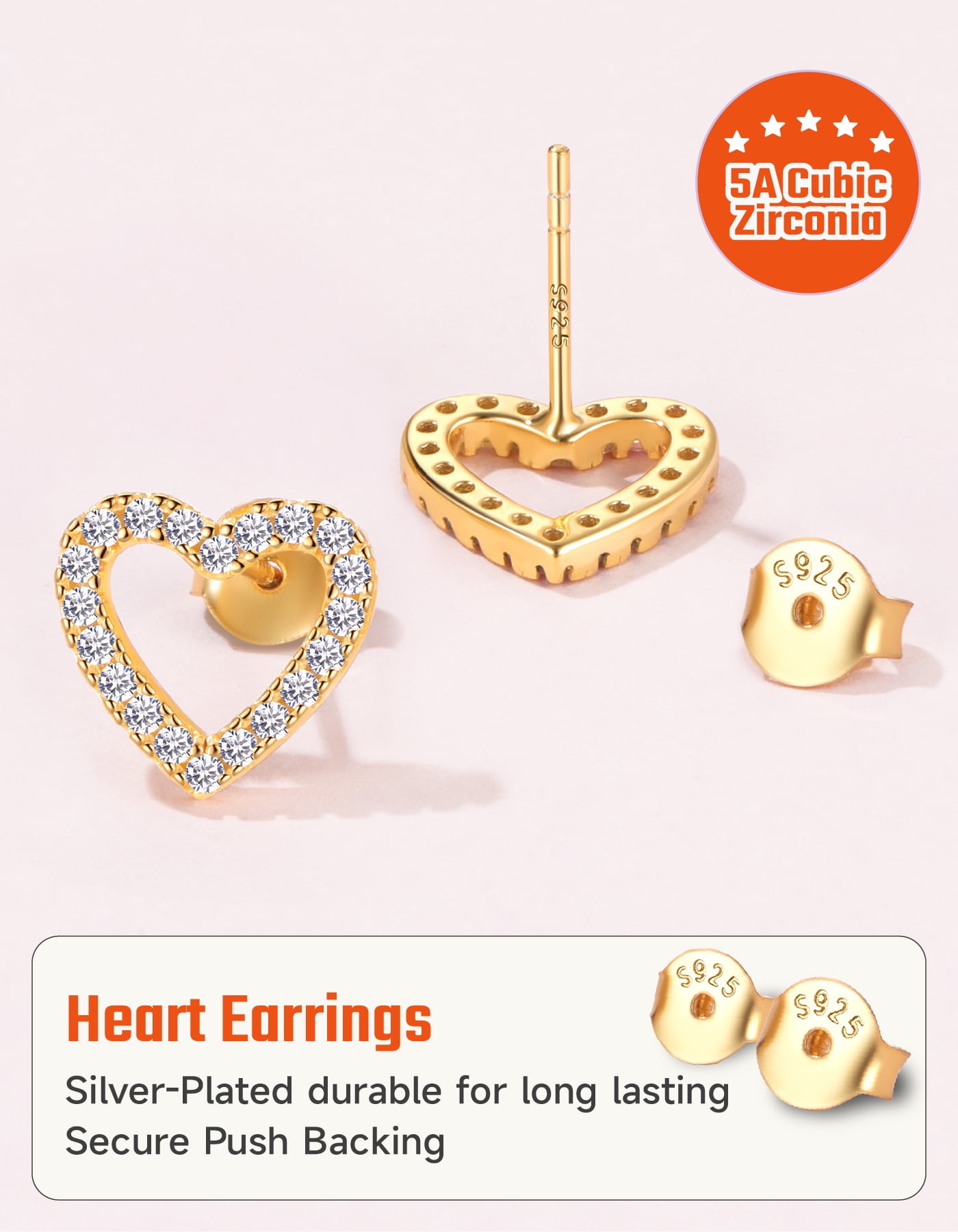Just Being Cute Real Sterling Silver Heart Earrings for Women 14K Gold Plated Stud Earring with White Zircon Mothers Day Jewelry Gifts Her Girlfriend Wife Adults Age Ideas