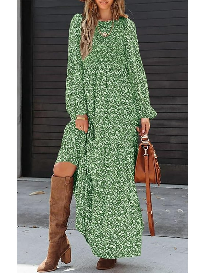 Prettygarden Women's Fall Dresses Long Sleeve Flowy Casual Floral Maxi Dress Crew Neck Smocked Tiered Long Dress, Size: Medium, Green