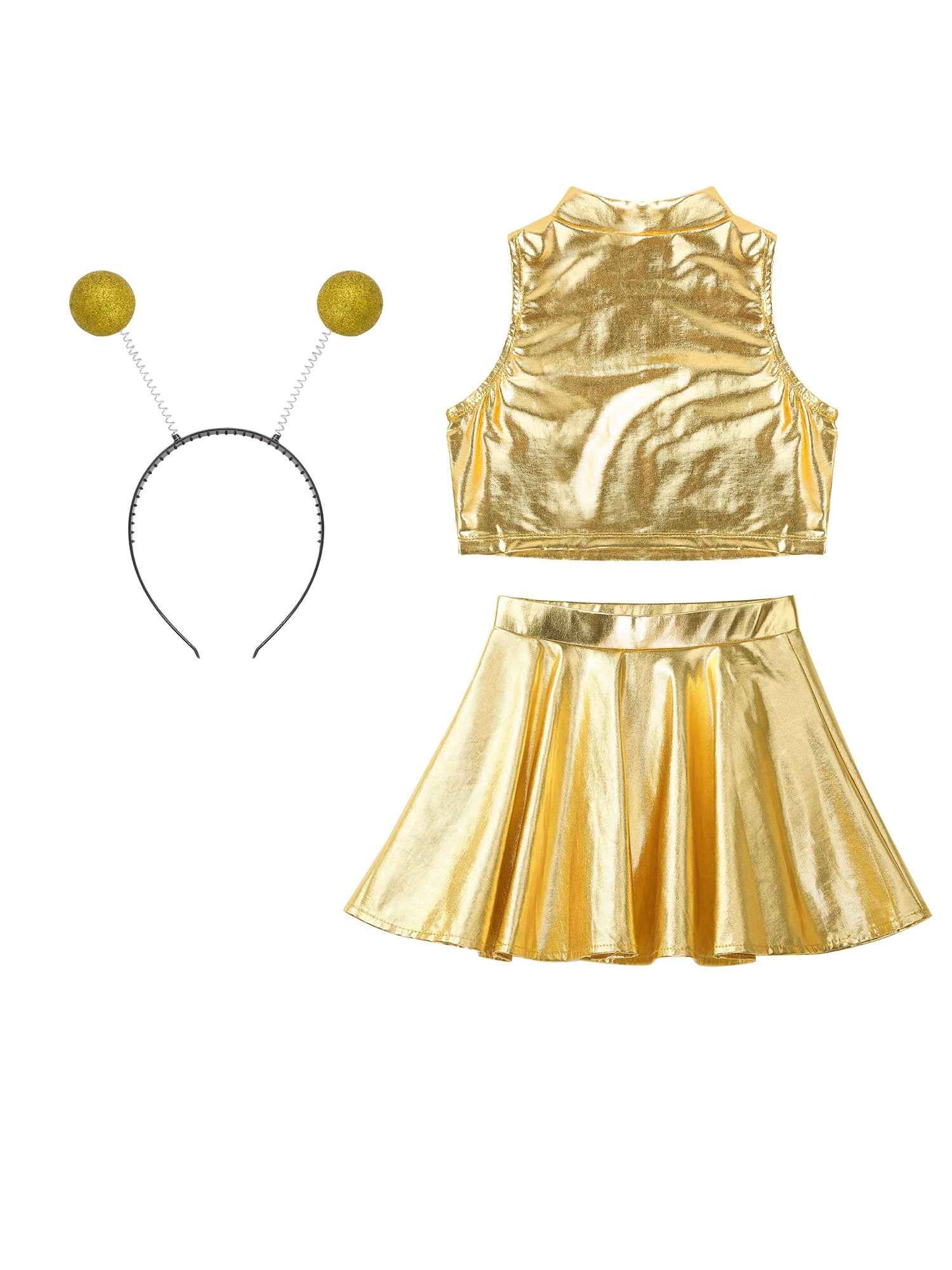 Doomiva 3Pcs Space Alien Outfit for Girls Holographic Metallic Skirt with Crop Top and Hair Hoop Set Gold 16