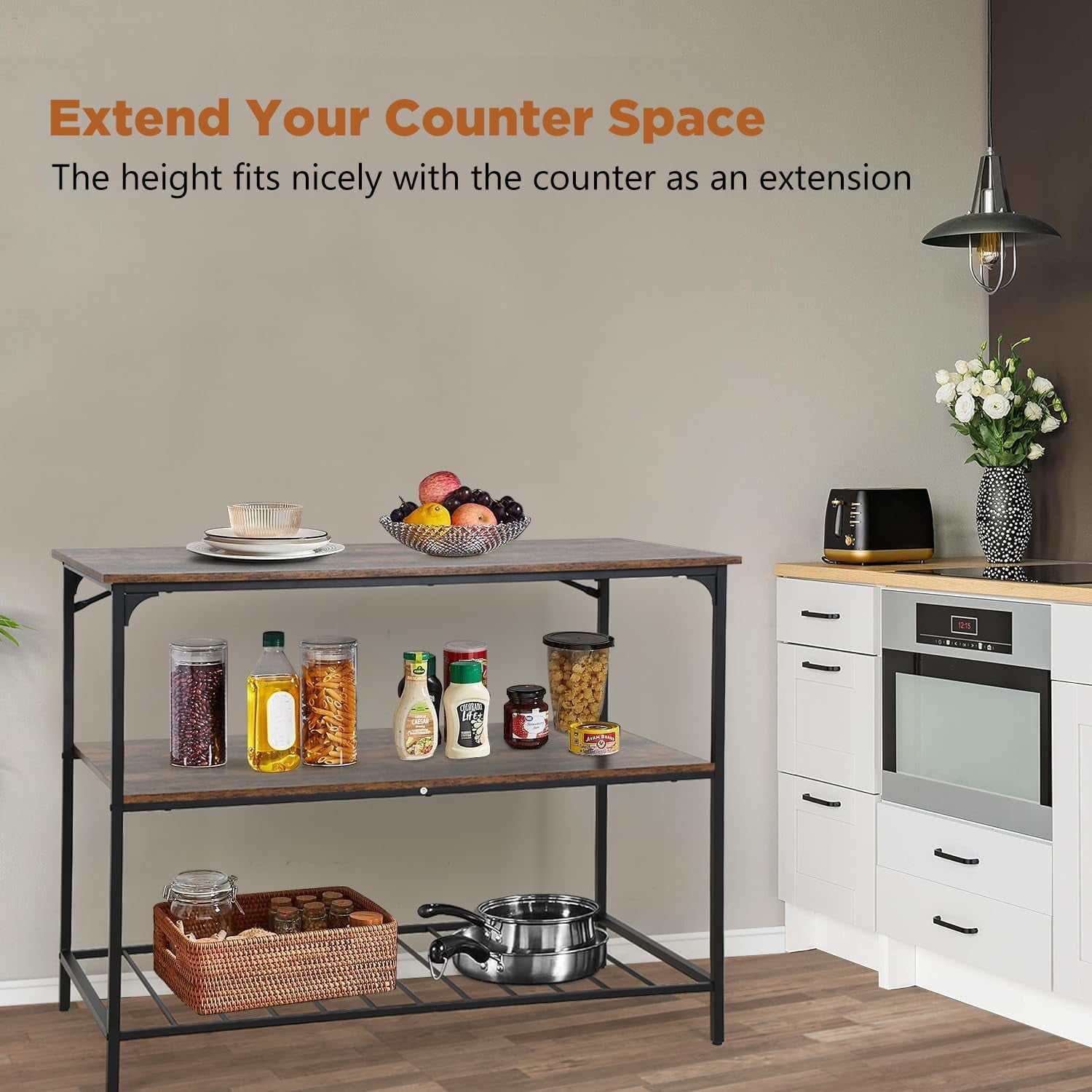 PayLessHere 3 Tier Kitchen Island with Top Solid Structure ,Brown, Dimensions: 47 in L x 25 in W x 37 in H