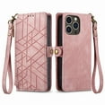 thumbnail image 2 of SaniMore for iPhone 15 Pro (6.1" 2023) Case, PU Leather Embossed Lines with Wrist Strap Zipper Cash Pocket Card Slots Magnetic Flip Stand Full Protective TPU Shell Anti-drop Business Design - Pink, 2 of 14