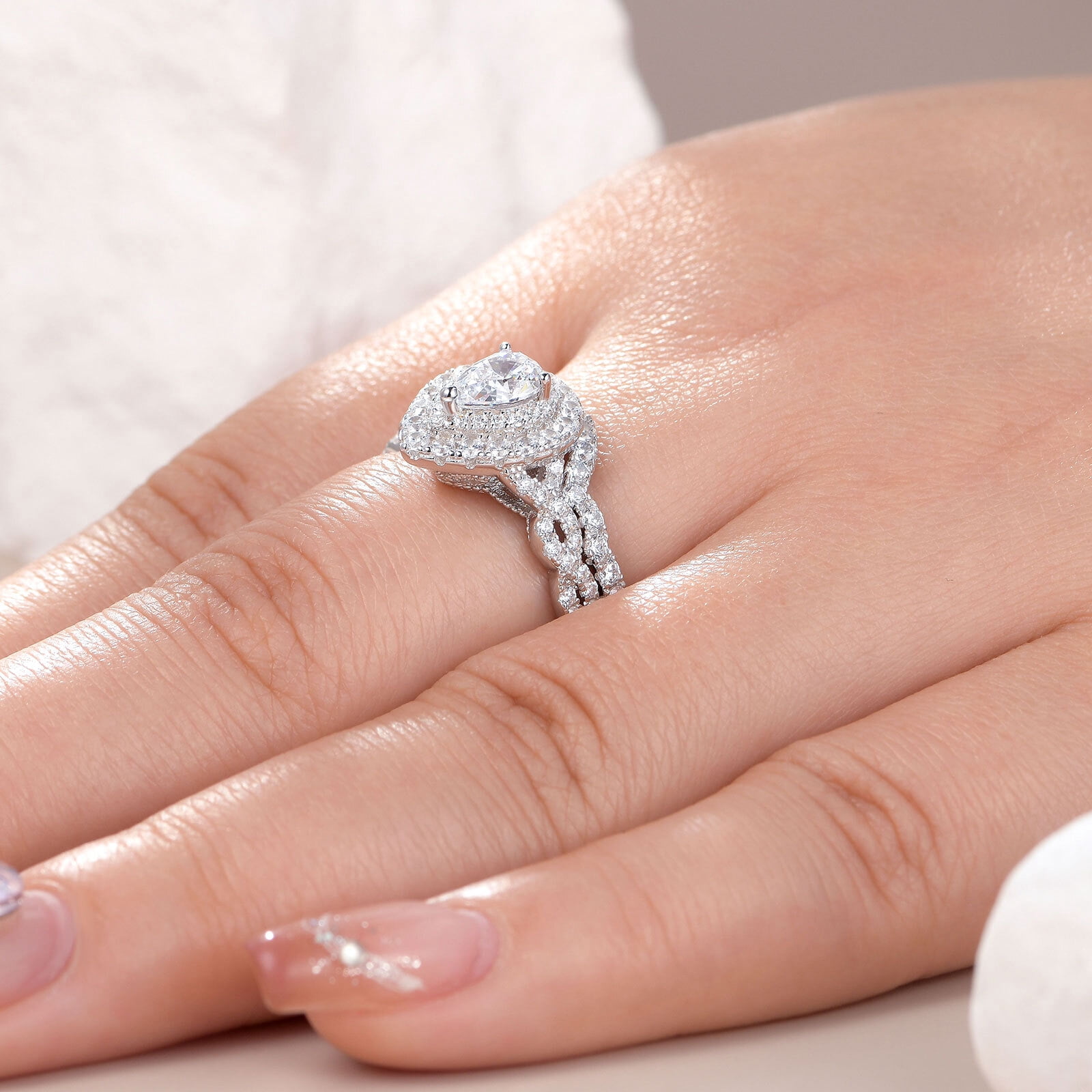 Bluebell Jewels Newshe Wedding Bridal Set Engagement Rings for Women Sterling Silver Pear Cut CZ