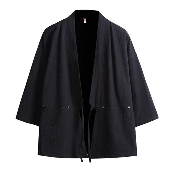 Haseil Cárdigan tipo kimono para hombre, chaquetas japonesas, algodón informal, camisa de manga 3/4, abrigo frontal abierto, lino ligero, Yukata, color negro, talla 2XL = talla L