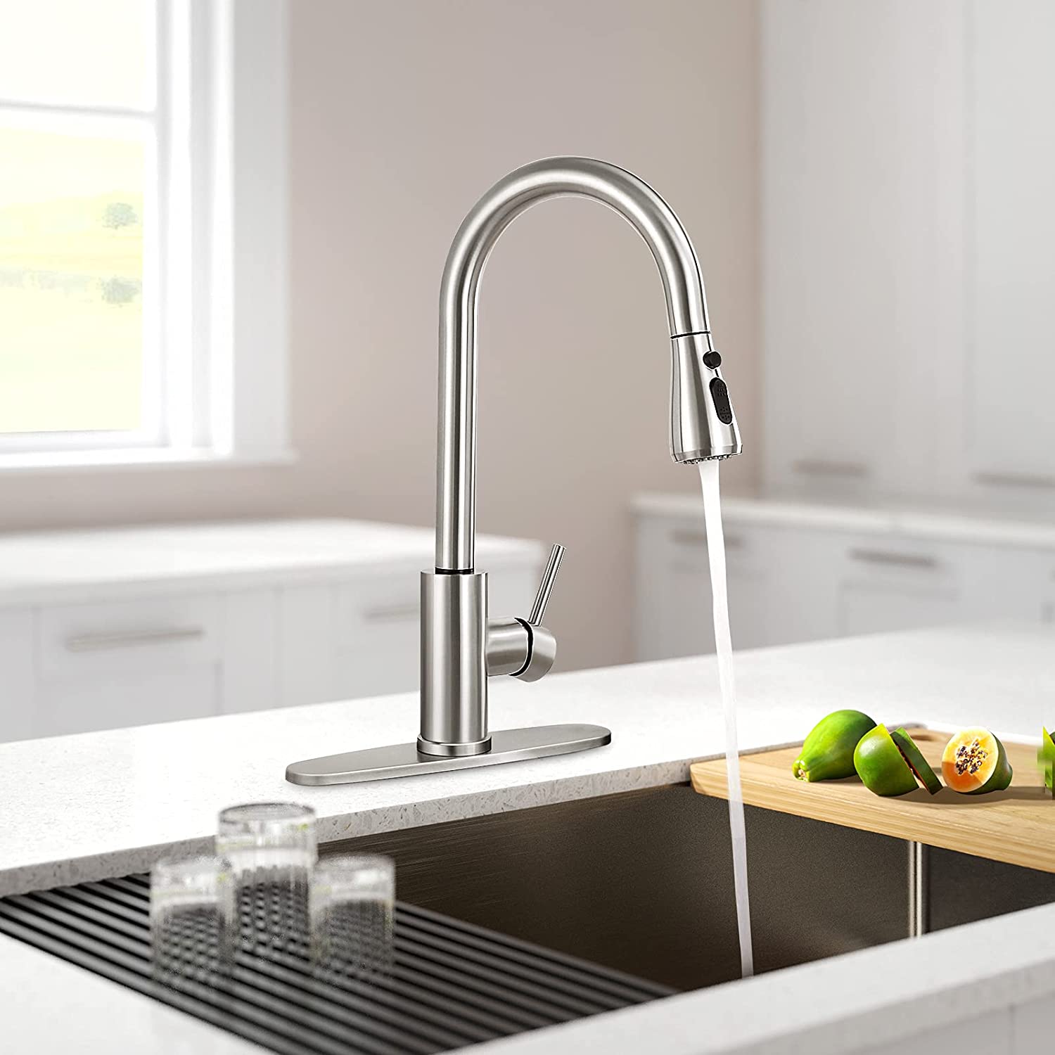 Kitchen Sink Faucets with Pull Down Sprayer, High Arc Single Handle with Water Lines - image 5 of 9