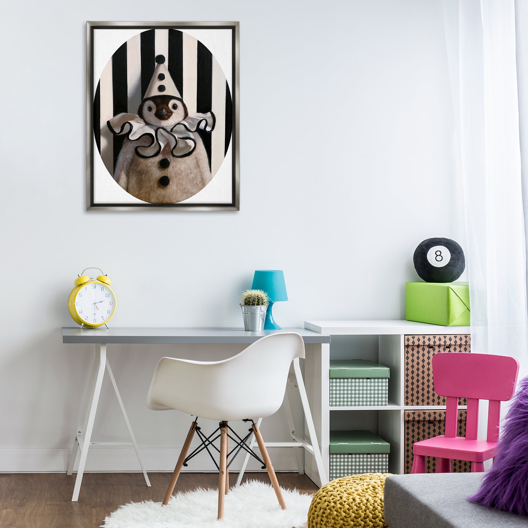 Stupell Industries Clown Themed Penguin Animals Painting Gray Floater Framed Canvas Art Print Wall Art, 25 x 31