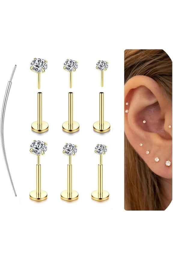 20G Flat Back Earrings Stud Threadless Tragus Labret Cartilage Lip Medusa Conch Body Piercing Jewelry Hypoallergenic for Women Men