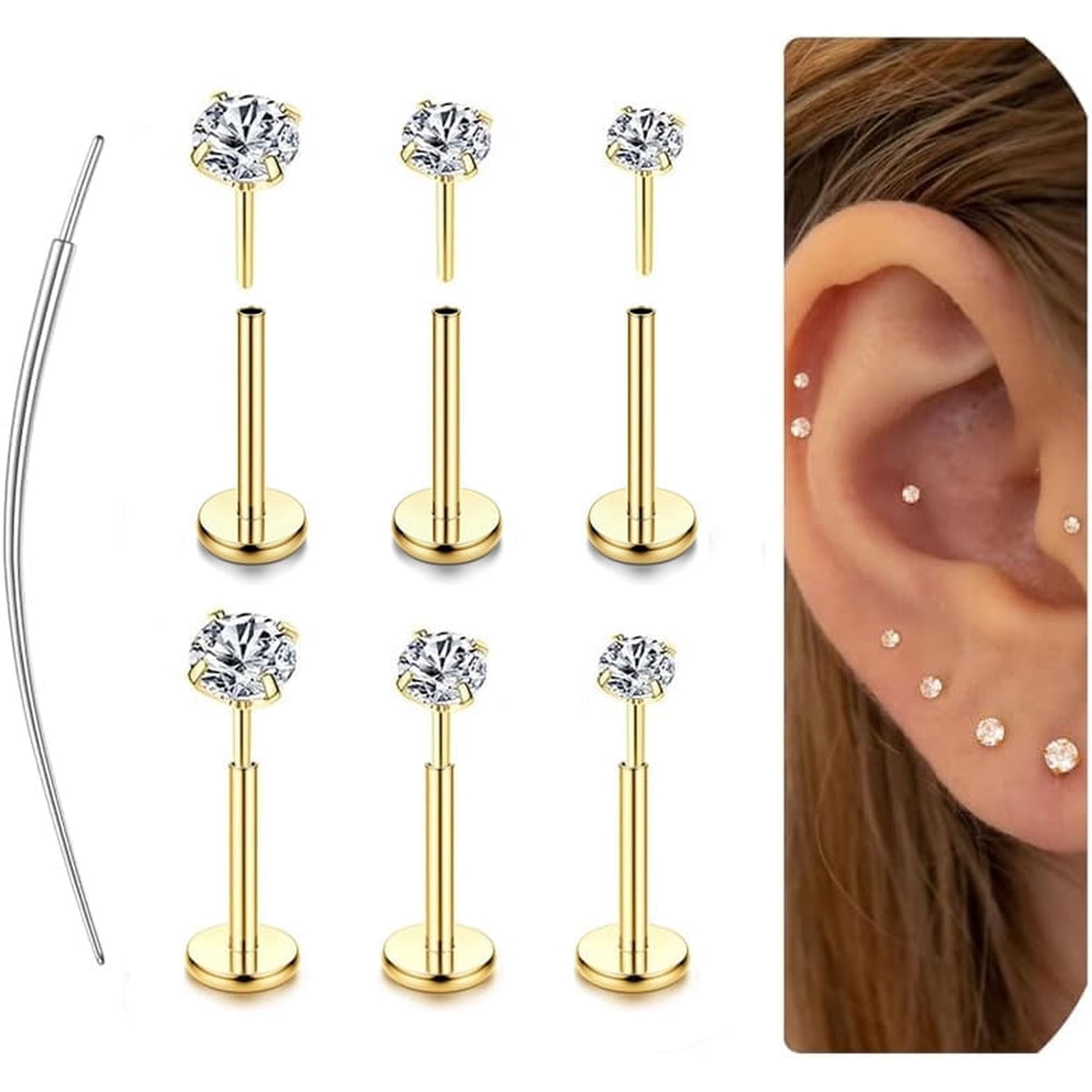 20G Flat Back Earrings Stud Threadless Tragus Labret Cartilage Lip Medusa Conch Body Piercing Jewelry Hypoallergenic for Women Men