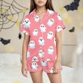 thumbnail image 2 of CAUYDY Pumpkin Ghost Pajamas For Girl Boy Halloween Short Sleeve Shorts Silk Pj Sets Kids Halloween Lounge Sleepwear(Pink,6-7 Y), 2 of 5
